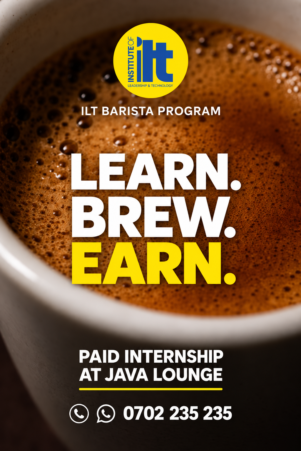 ILT Barista Program poster showing a coffee cup and Learn Brew Earn message