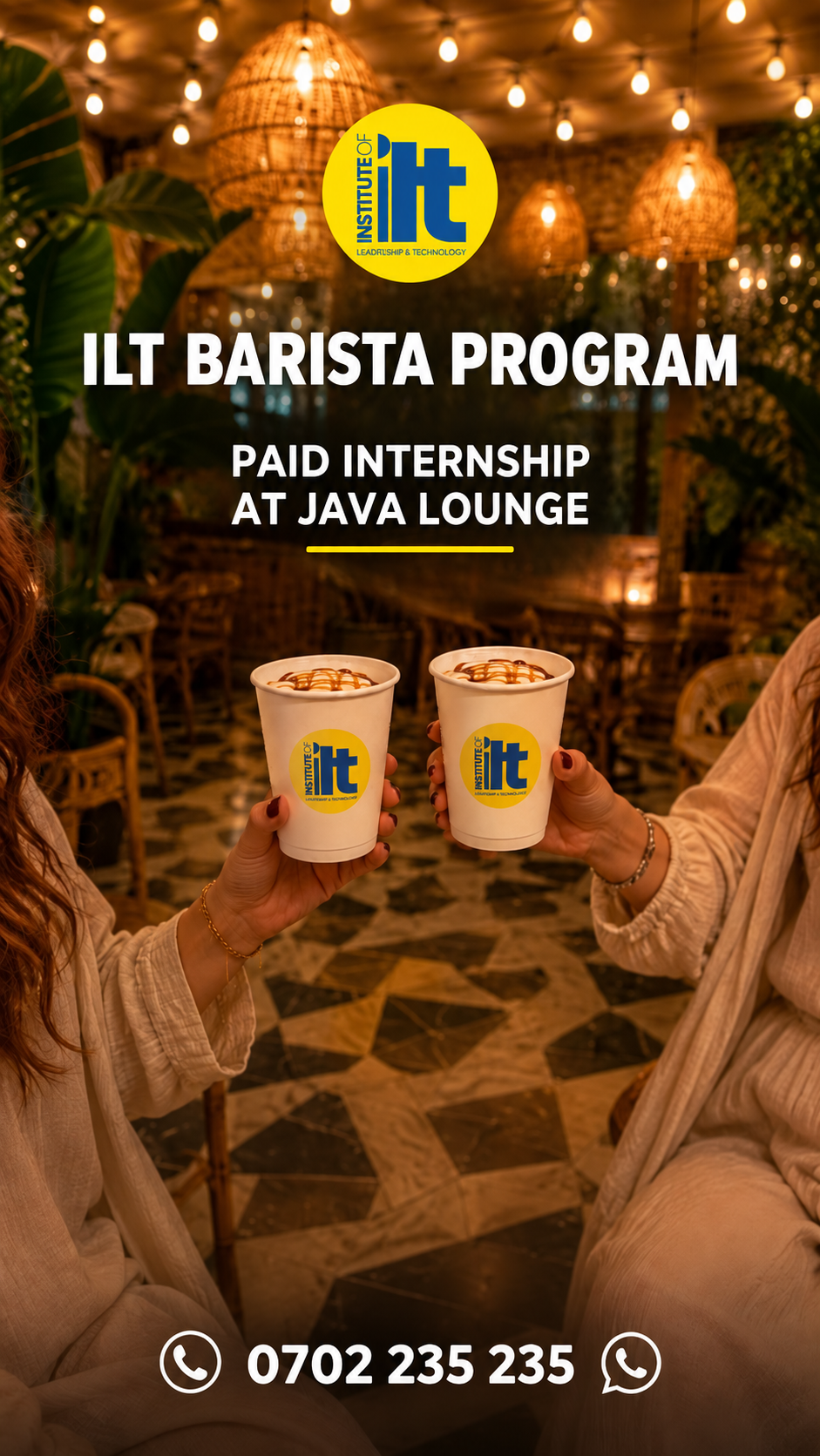 ILT Barista Program poster showing two learners holding coffee cups at Java Lounge