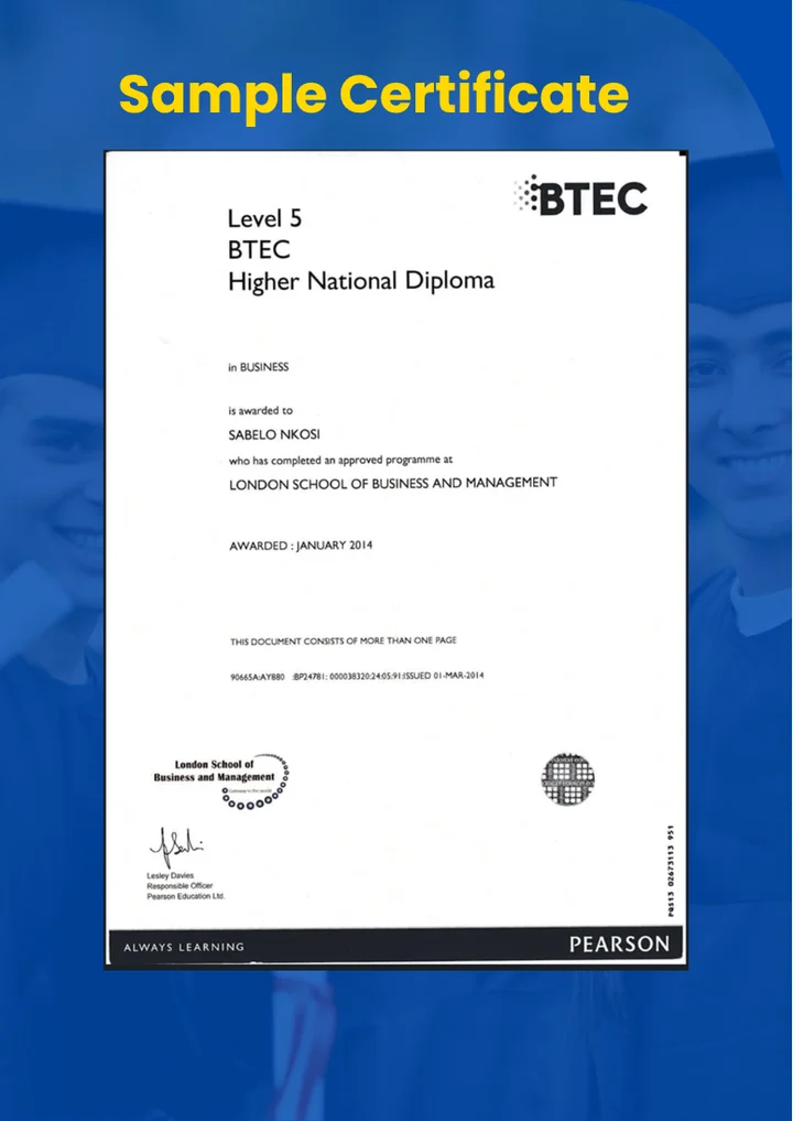 First page of the supplied Pearson HND Business format example