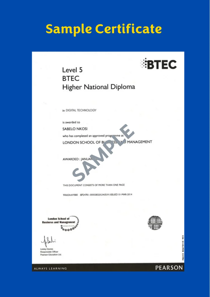 First page of the supplied Pearson HND Digital Technology format example