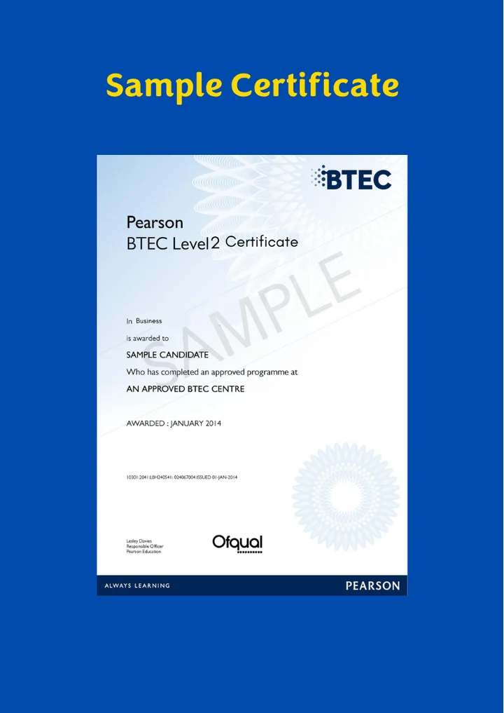 First page of the supplied Pearson Level 2 Business sample