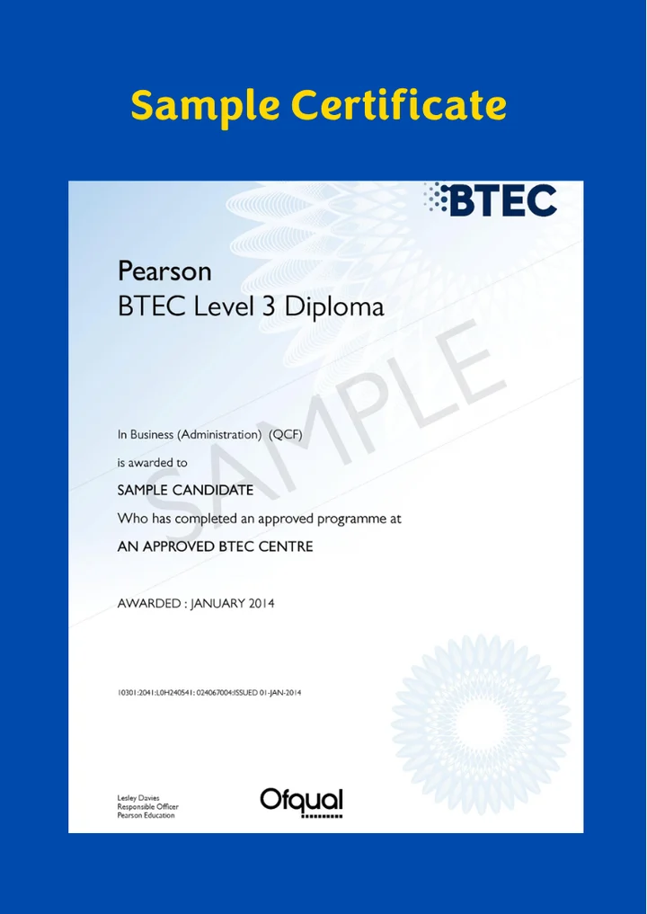 First page of the supplied Pearson Level 3 Business format example