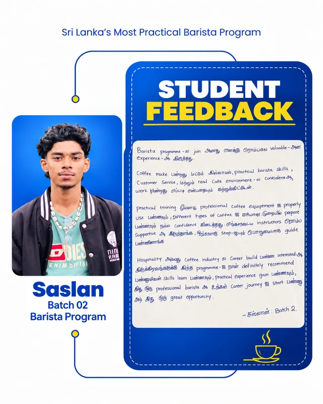 Saslan's original Barista programme student feedback poster
